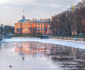 Winter St. Petersburg. The first frost. River Fontanka. Summer Palace of Peter I. Embankment of the Fontanka River. Ducks feed.