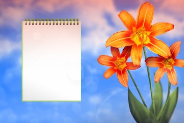 Beautiful live lily with notebook with blank place for your content on left on cloudy sky background. Floral spring or summer flowers concept.