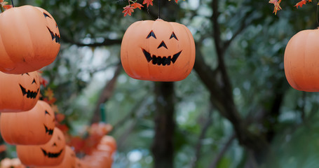 Halloween pumpkin hanging at outdoor