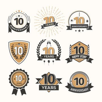 Collection of retro tenth anniversary logo. Set of Isolated vintage icons of 10 th years celebrating vector illustration