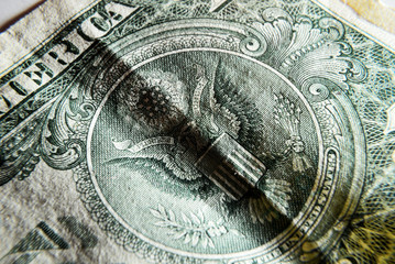 Dolar USA close-up. Old battered crumpled bills macro. The texture of the fragment of the dollar bill. USD banknote texture.