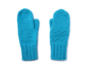 Blue mittens isolated on white background