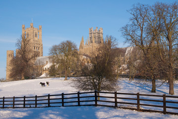 Ely Cathedral in snow, Cambridgeshire,