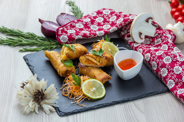  Spring roll Funchoza, carrots, Bulgarian pepper, chili sauce and to choose from (beef, chicken, snow crab)