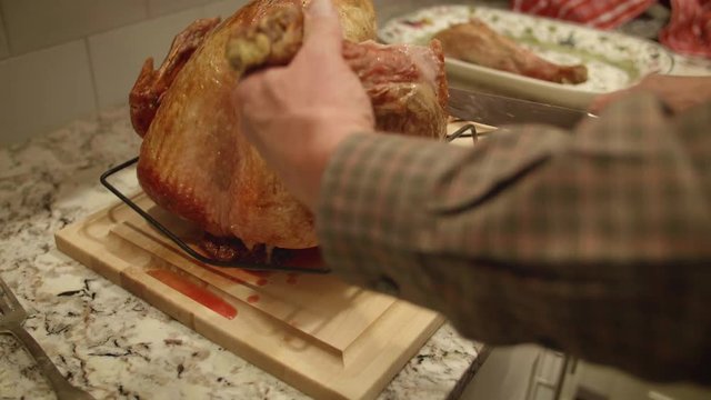 Man Slicing Leg Off Thanksgiving Holiday Turkey