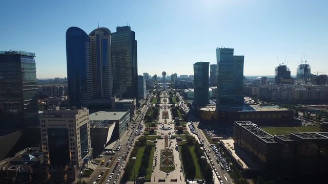 City Astana Kazakhstan. Long park in the city quadcopter