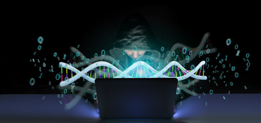 Hacker activating a 3d rendering data coded Dna with binary file around
