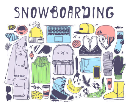 Hand drawn Fashion Illustration Snowboarding Things. Creative ink art work. Actual cozy vector drawing with Rider's Items. Winter Sport set: wear, shoes, accessories, food, drinks, things