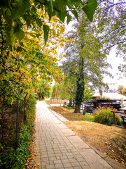 Restaurant on water. Restaurant on the river Ibar in Kraljevo. Autumn, cloudy day.
