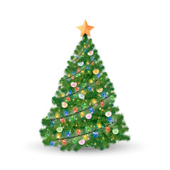 Decorated Christmas tree and christmas ornaments isolated on white background. Vector illustration.