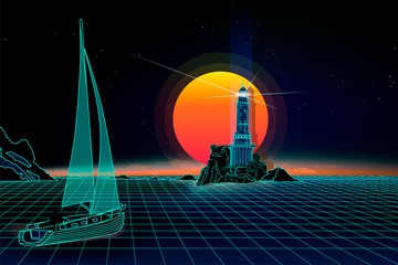 Retro background  night lighthouse and yacht. Landscape 1980s style. Retro 80s Sci-Fi background  Landscape.Futuristic background retro wave.
