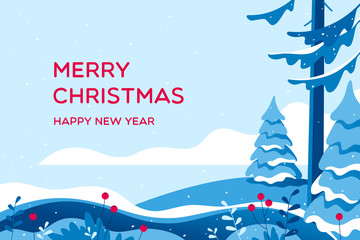 Fototapeta na wymiar Merry Christmas card with winter landscape. Vector illustration.