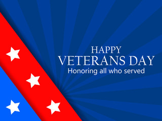 Veterans Day 11th of November. Honoring all who served. Greeting card with red and blue stripes with stars. A layer with a shadow. Vector illustration