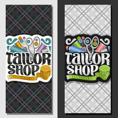 Vector banners for Tailor Shop, leaflets with set of sewing equipment, roll of measure tape for suit apparel, original brush typeface for words tailor shop, grey vouchers for menswear boutique.