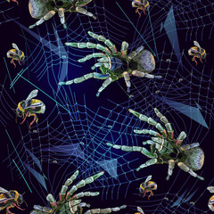 Embroidery spider and web seamless pattern. Halloween background. Horror art clothes template and t-shirt design. Classical dark gothic embroidery, tarantula catches a bumblebee