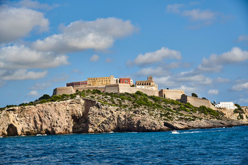 Coast of Ibiza, the sea and the rocks.
