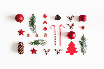 Christmas composition. Fir tree branches, decorations on white background. Christmas, winter, new...