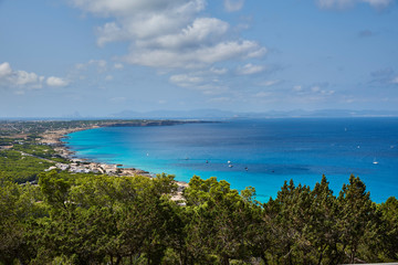 Beach of Formentera with turquoise sea Mediterranean of Balearic islands