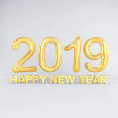 Silvester - Neujahr - Folienluftballons in gold und der Botschaft Happy New Year auf weißem Hintergrund - repräsentiert das neue Jahr 2019