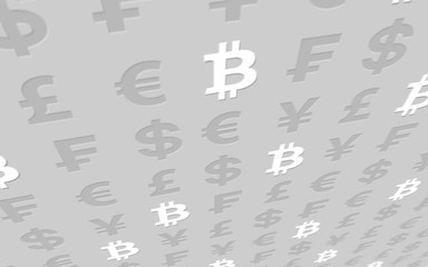 Bitcoin and currency on a gray background. Digital Cryptocurrency symbol. Business concept. Market Display. 3D illustration