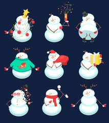 Set of cute Christmas snowmans. Funny winter characters. Vector illustration