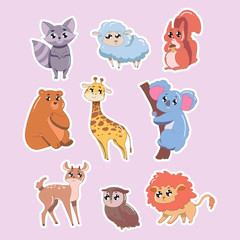 Obraz na płótnie Canvas Set of cute animals isolated on pink background. Wildlife animals vector illustration