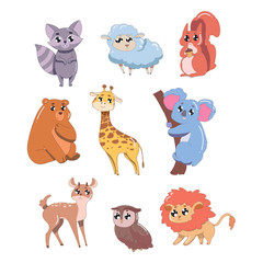 Set of cute animals isolated on white background. Wildlife animals vector illustration