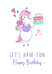 Happy Birthday greeting card with unicorn and cute cake. Vector illustration