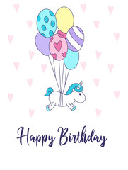 Happy Birthday greeting card with unicorn and cute balloons. Vector illustration