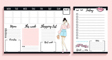 Girl boss weekly and daily planner design with fashion elements and young women. Vector illustration