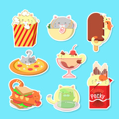 Set of cute cats with food. Kawaii vector cats.