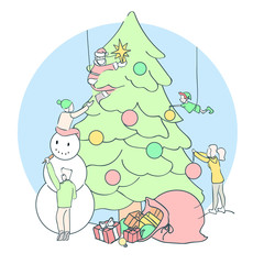 Linear Christmas card. Teamwork decorating Christmas tree in minimalistic design. Vector illustration