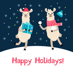 Cute llama Christmas card. Alpaca cartoon winter greeting card. © Microstocker.Pro