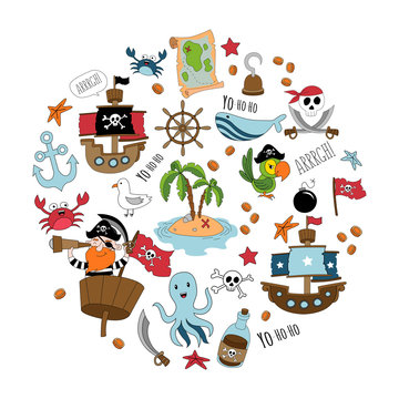 Pirate cartoon set. Big set of pirates supplies for party, greeting card etc.Vector illustration