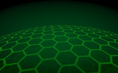 Multilayer sphere of honeycombs, green on a dark background, social network, computer network, technology, global network. 3D illustration