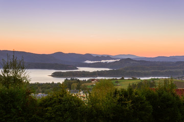 Bieszczady Mountains in Poland. View of Lake Solina from Polanczyk at dawn.
