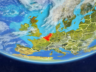 Benelux Union on realistic model of planet Earth with country borders and very detailed planet surface and clouds.