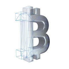 Bitcoin sign, blue grid goes to platinum or silver on a white background. 3D illustration