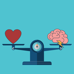 Heart and brain on scales. Balance, love, mind, intelligence, logic concept. Flat style.EPS10  vector illustration.