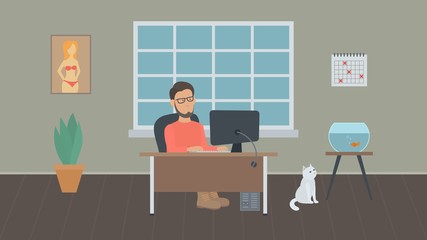 Young bearded freelancer in glasses works at a computer in a home office. Simple vector illustration in flat style.