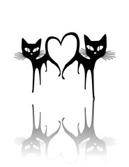 Love of two cats. Two cats silhouettes on white background(Vector illustration).