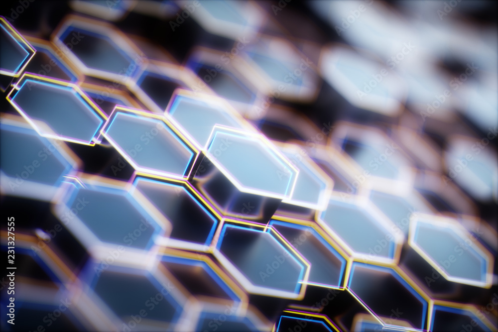 Wall mural black abstract hexagon background, 3d rendering honeycomb background with bright edges.