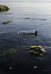 A plastic bottle in the ocean. Plastic pollution concept. Single-use plastic is a human addiction that is destroying our planet and impacts our waters, sea life and humans.