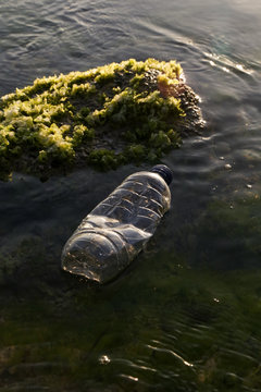 A plastic bottle in the ocean. Plastic pollution concept. Single-use plastic is a human addiction that is destroying our planet and impacts our waters, sea life and humans.