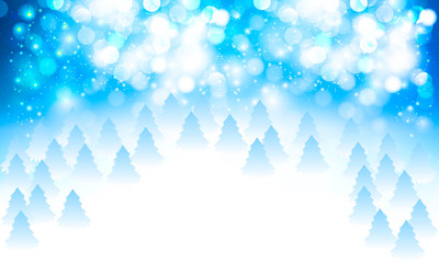 abstract white blue snowy bokeh and christmas trees background