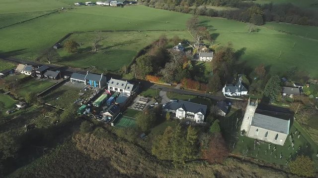 Aerial footage over the picturesque Kirk in the village of Fintry.
