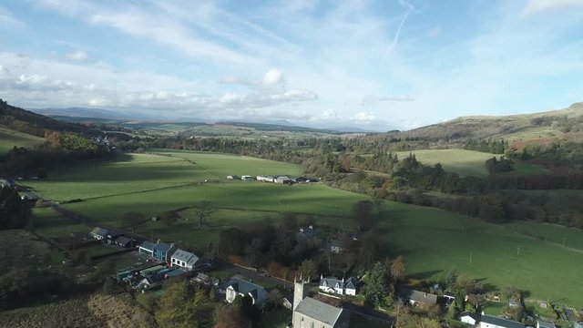 Aerial footage over the picturesque Kirk in the village of Fintry.