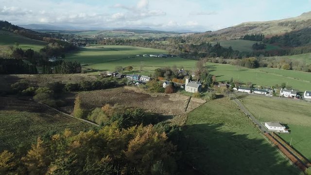 Aerial footage over the picturesque Kirk in the village of Fintry.
