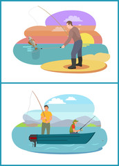 Fisherman Fishing from Motorboat and from Bank