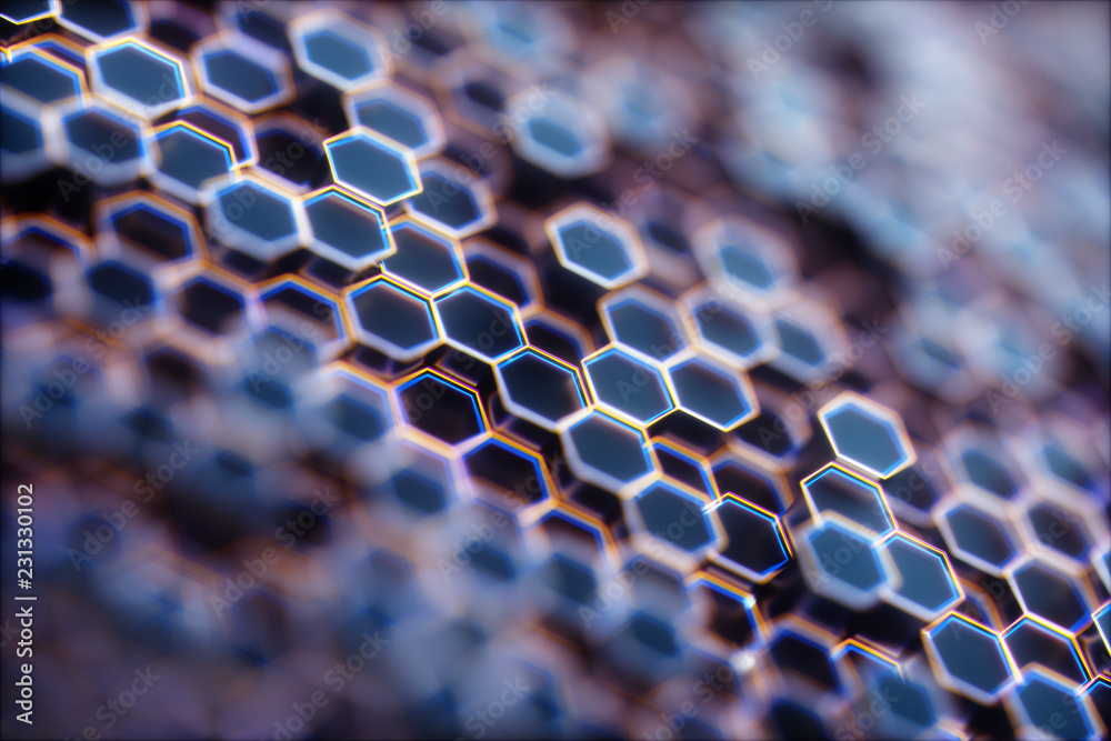 Wall mural black abstract hexagon background, 3d rendering honeycomb background with bright edges.